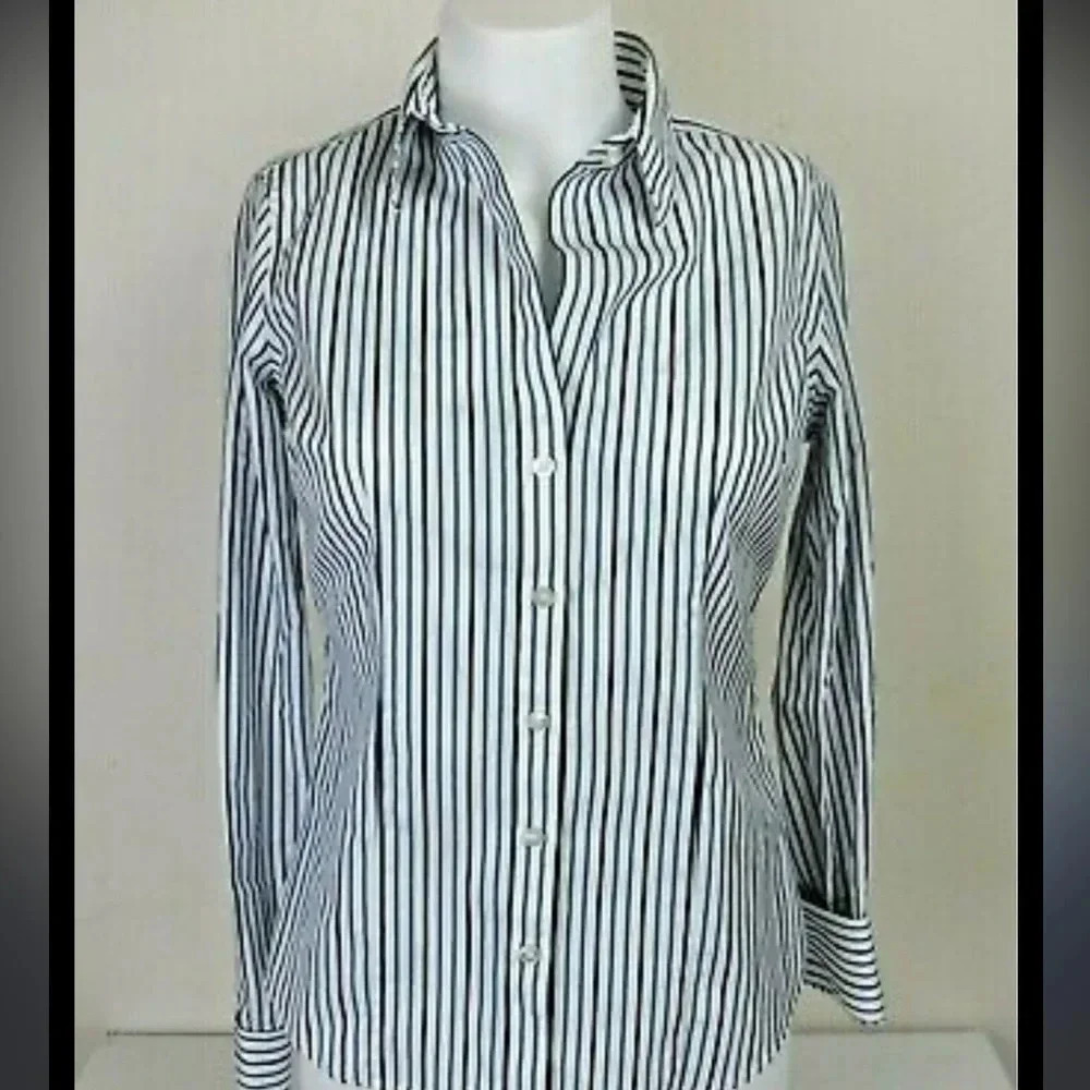 [US10]Banana Republic Blue/Gray Stripes WMN White Non Iron Tailored Dress Shirt